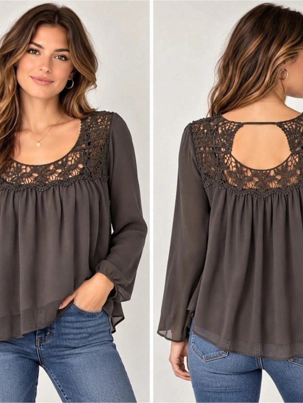 TORRID Gray Crochet Yoke Blouse